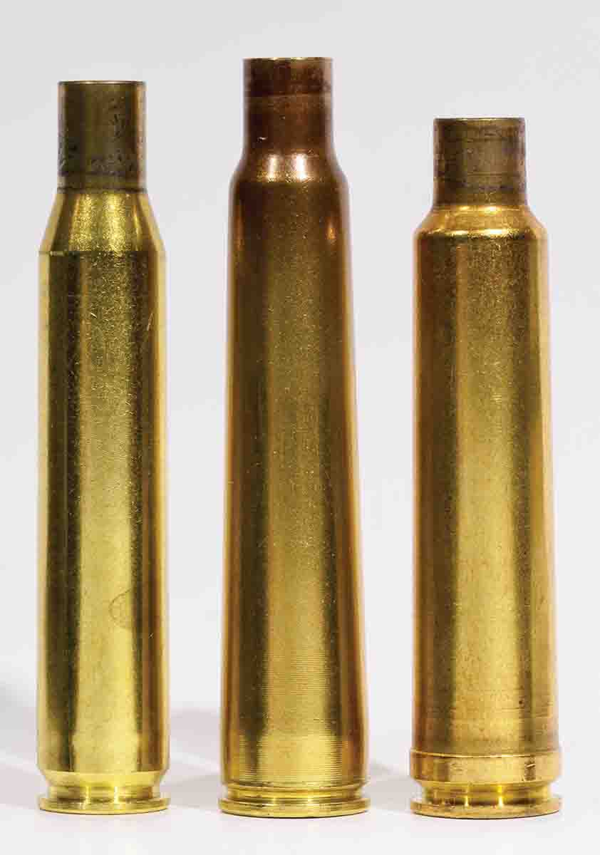 The .280 Ross (center) is flanked by the .280 Remington (left) and 7x61 Super (right). Case capacity is a great help in determining safe starting loads for cartridges of the same caliber.